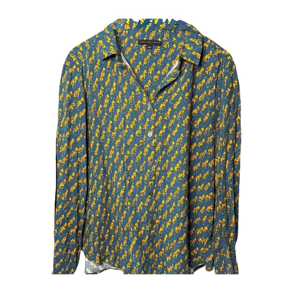 Jane and Delaney Women's Large Cheetah Print Button Down Blouse Teal Mustard Top